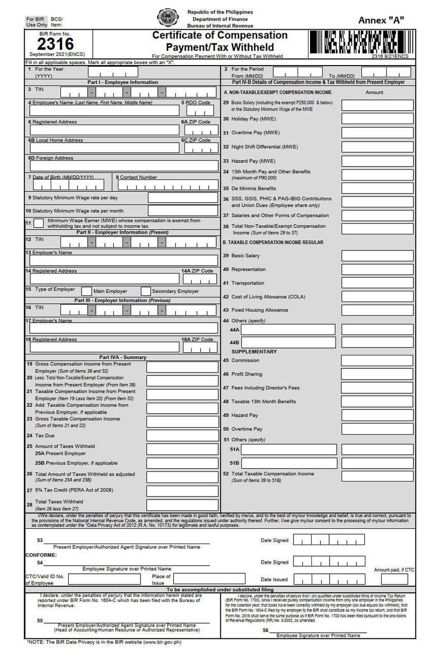 New Certificate Of Compensation Payment/Tax Withheld (BIR Form No. 2316 ...